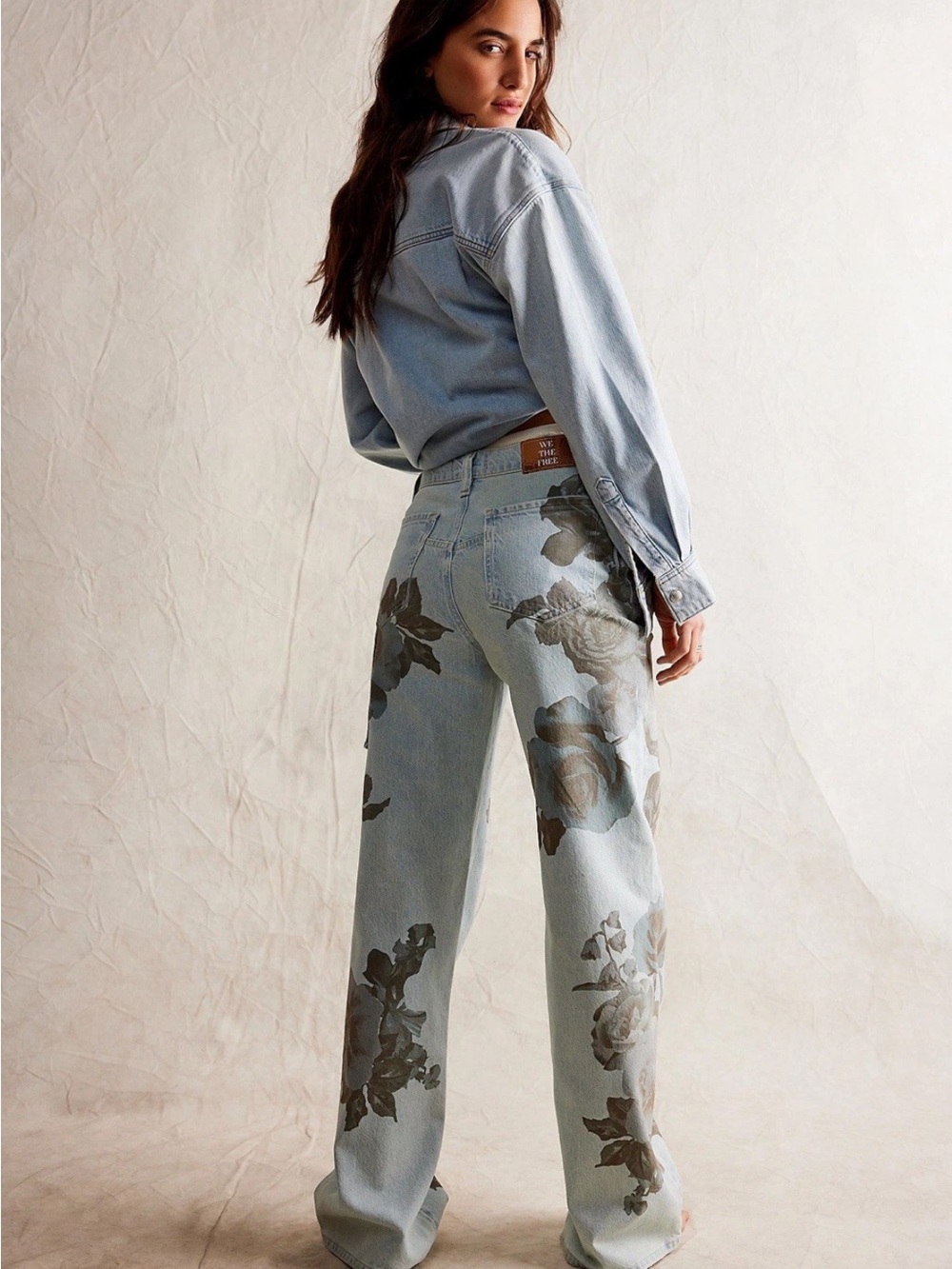 We The Free Light Blue Wide-Leg Jeans with Brown Floral Print